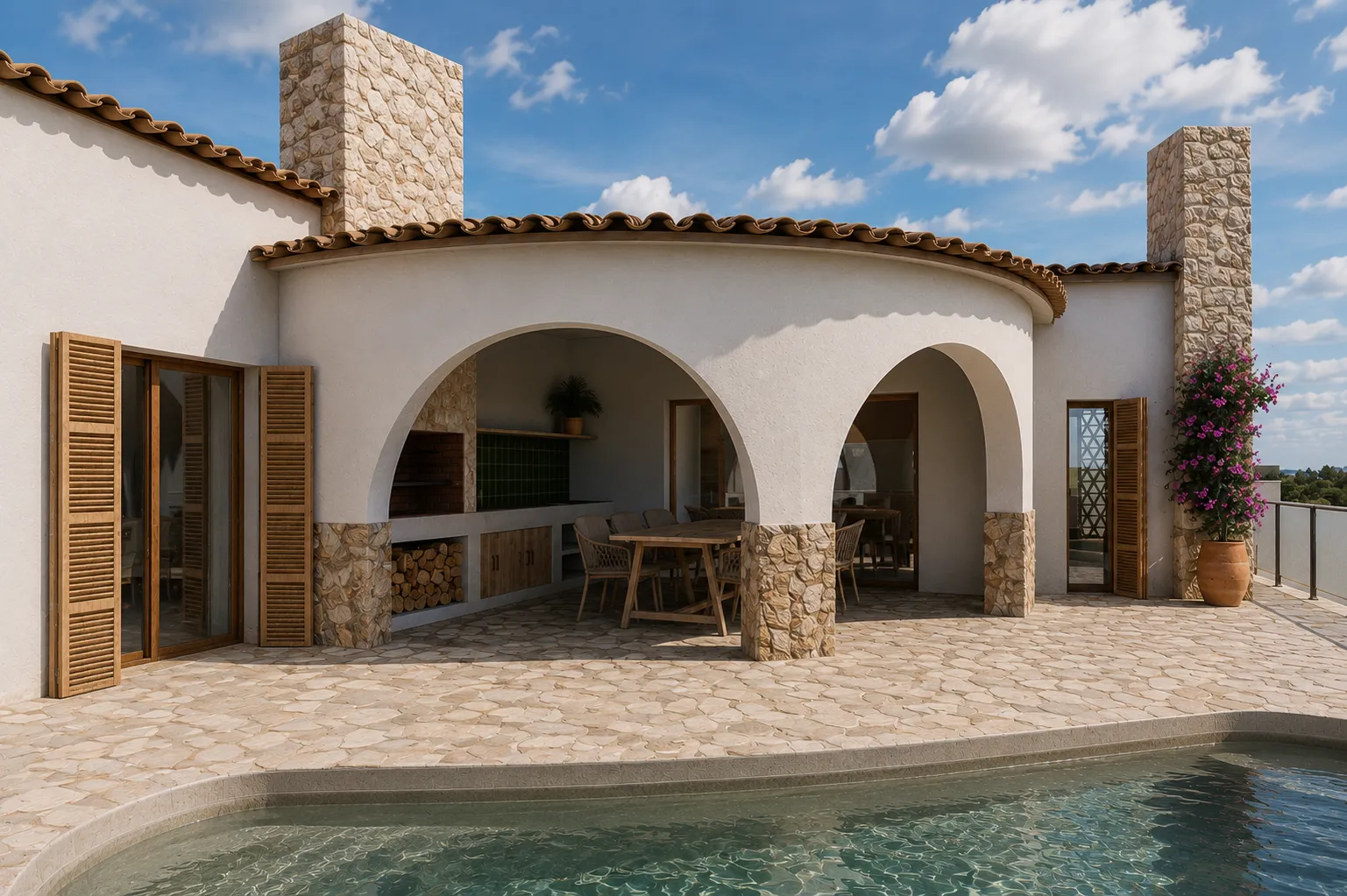 porche de arcos, cocina exterior y piscina
