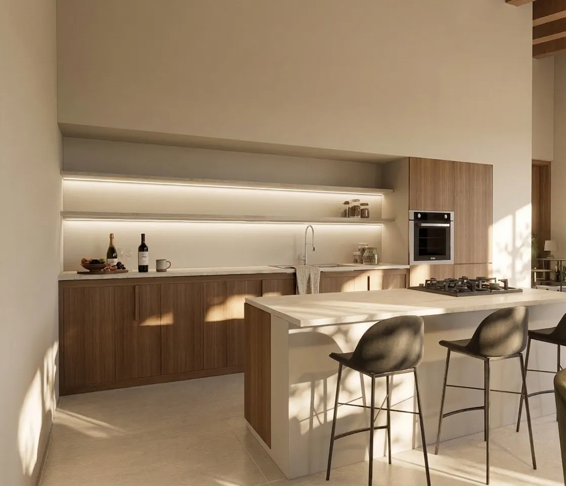 cocina, madera y encimera de piedra