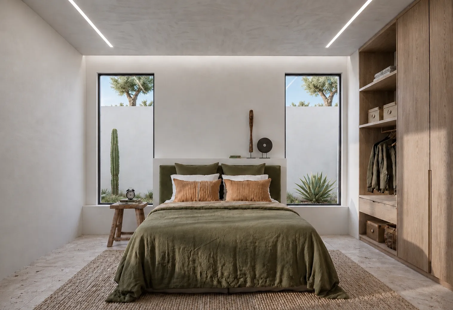 dormitorio, verde oliva y armario de roble
