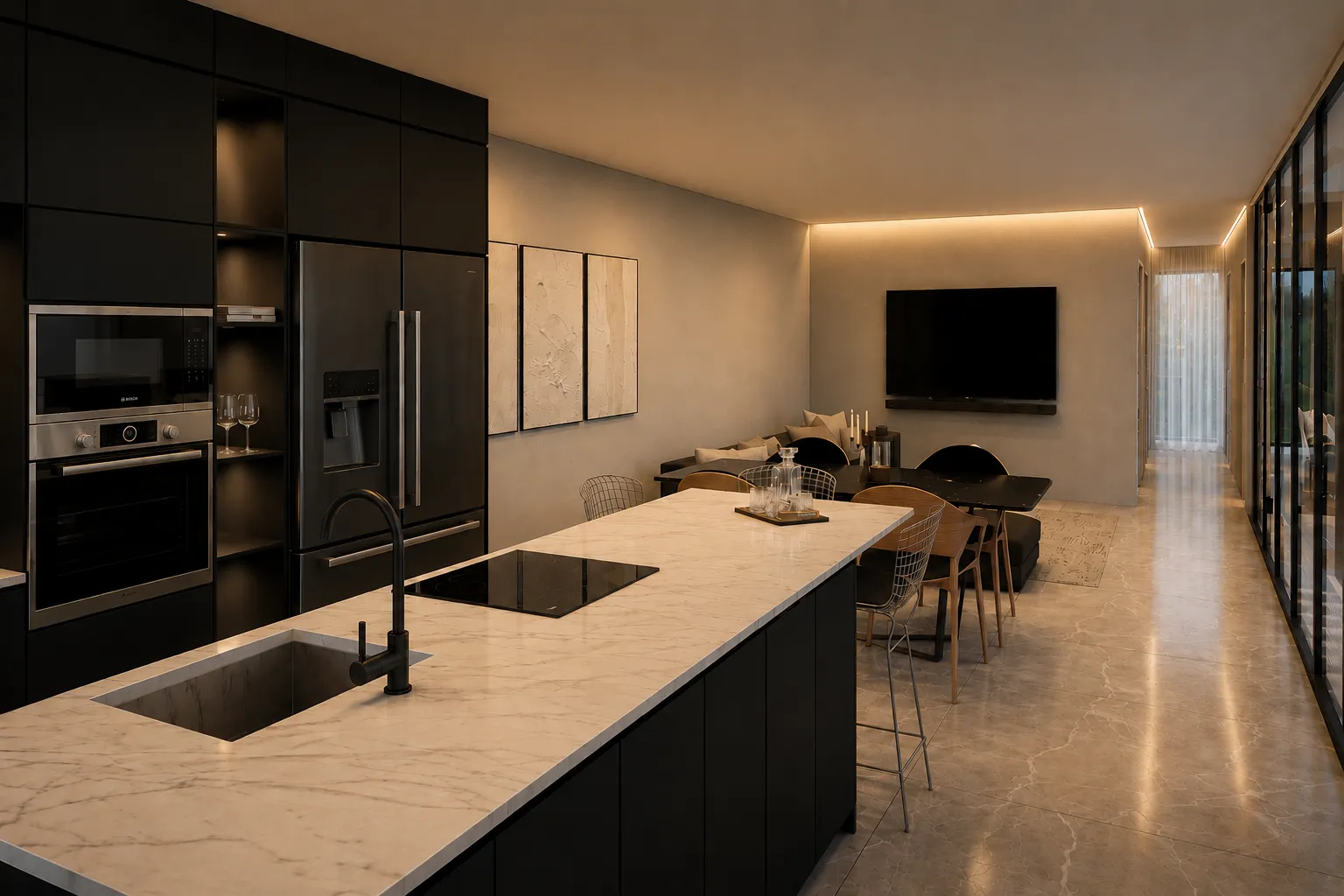 cocina y salón, isla de mármol