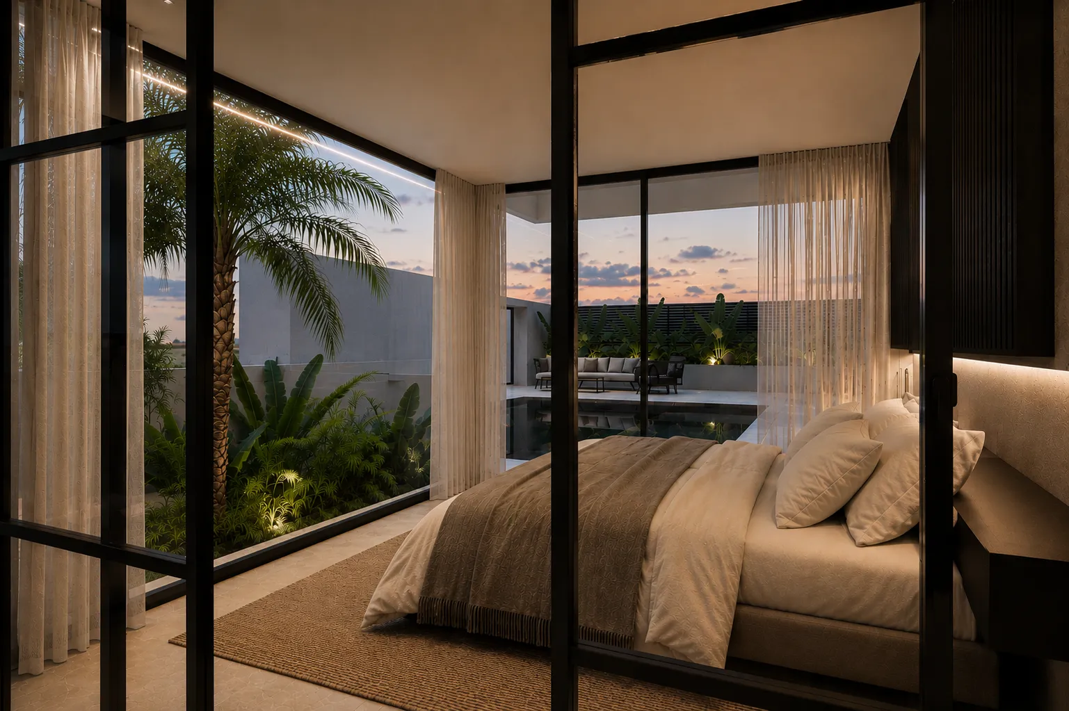 bedroom, garden and pool at dusk