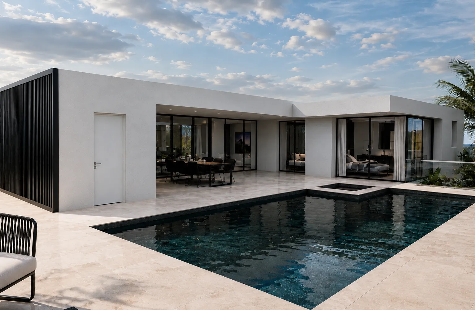 Render del exterior de Casa entre pinos de día: fachada blanca y piscina