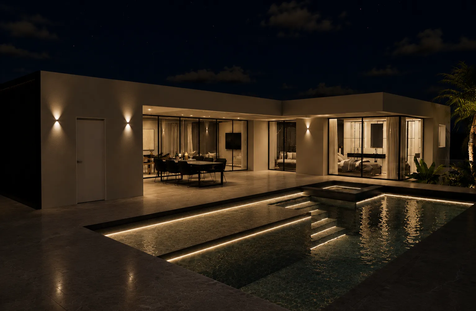 Render del mismo exterior de noche, con la piscina iluminada