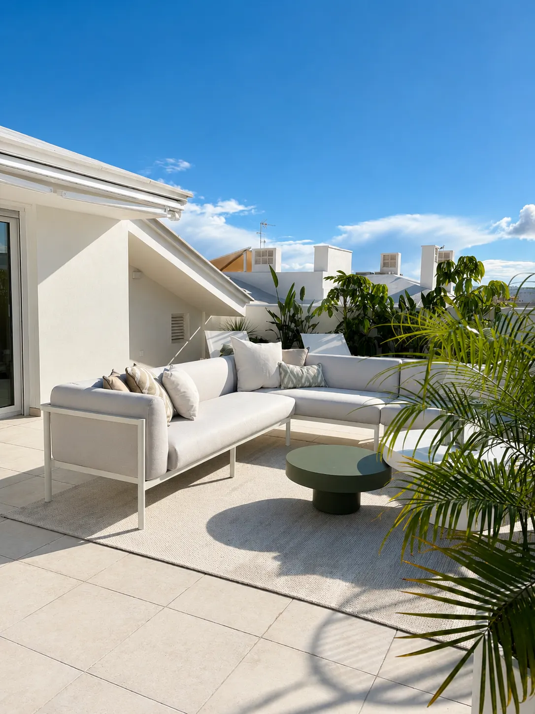terraza con sofá exterior y palmeras