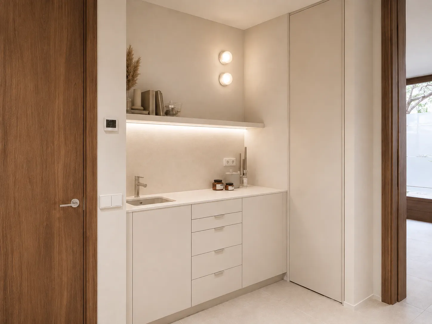 encimera con lavabo y luz indirecta