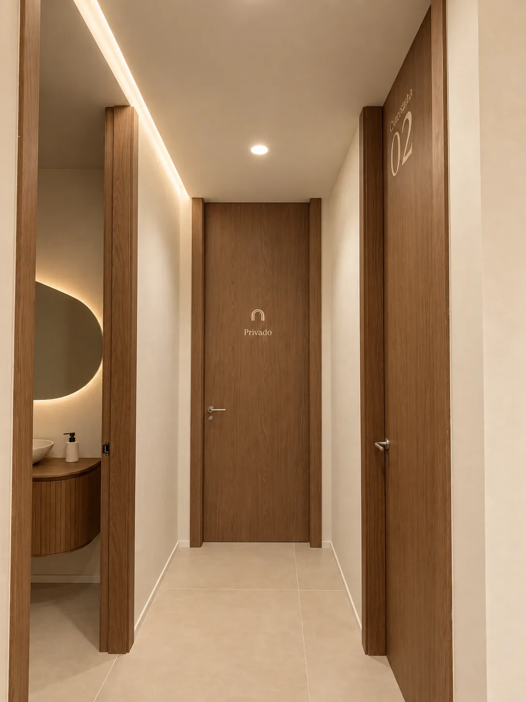 pasillo de cabinas con puertas de madera