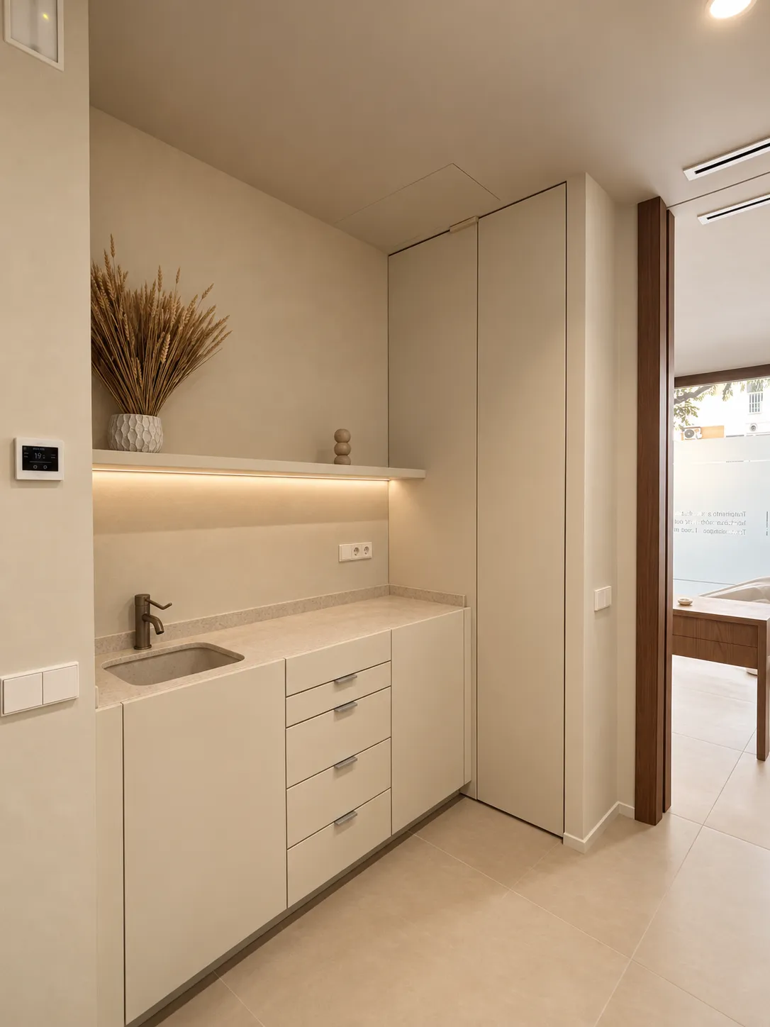 encimera con lavabo y luz indirecta