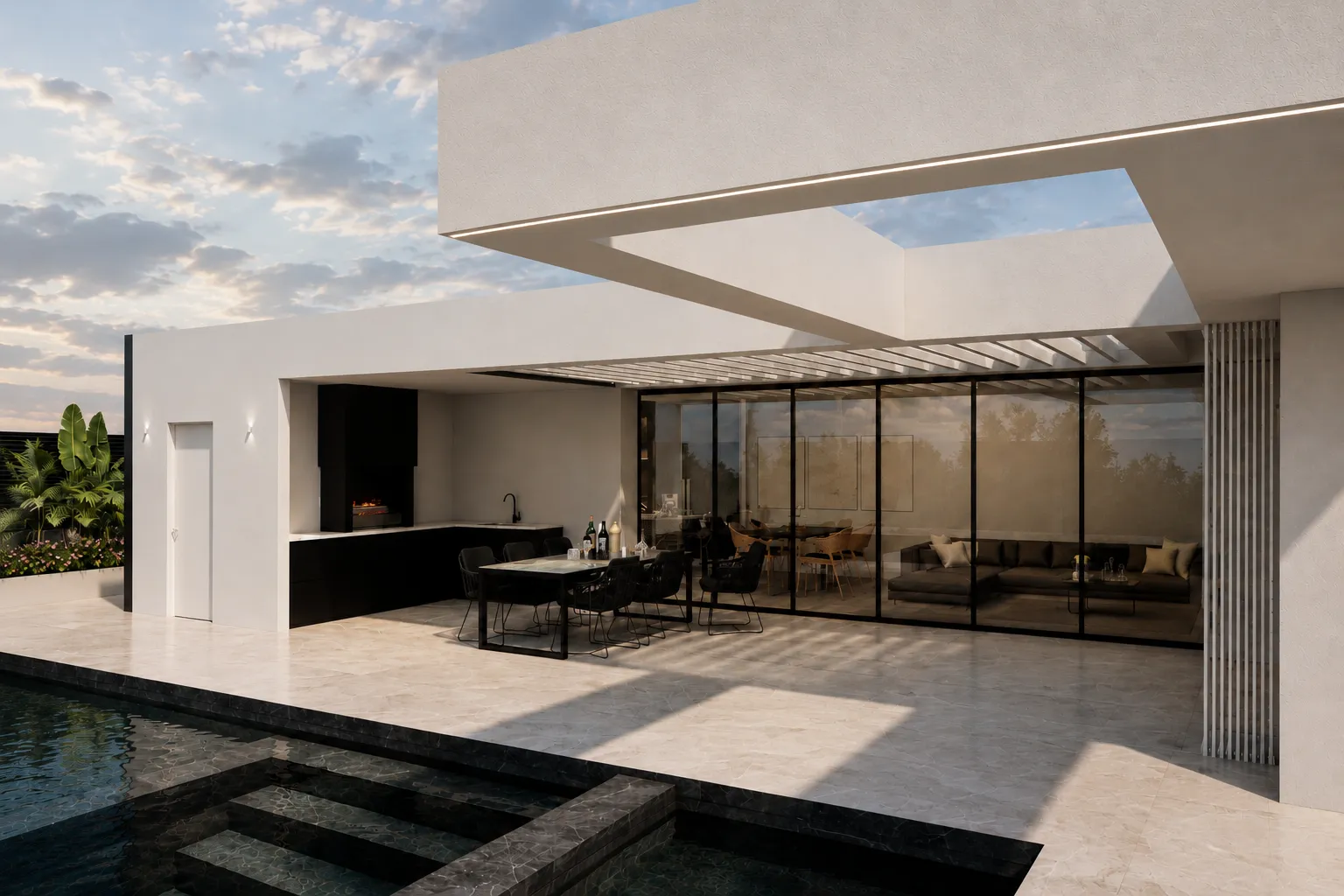 porch, outdoor kitchen and dining at dusk