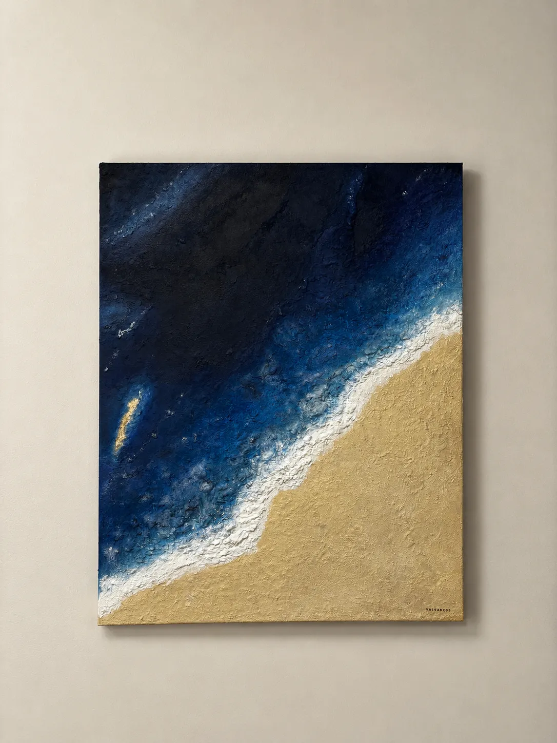 cuadro de la orilla, azul y arena, materia gruesa